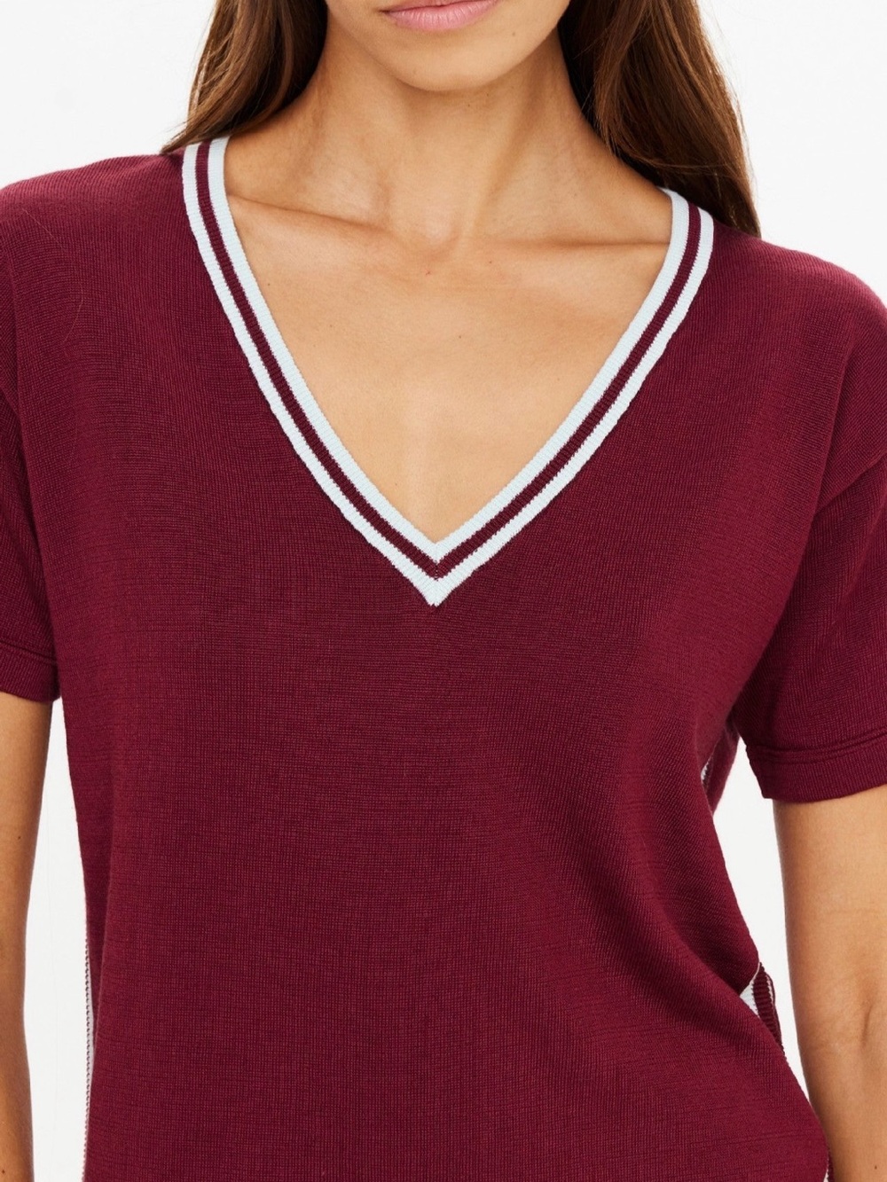 The Upside Burgundy V-Neck Sweater with White Trim